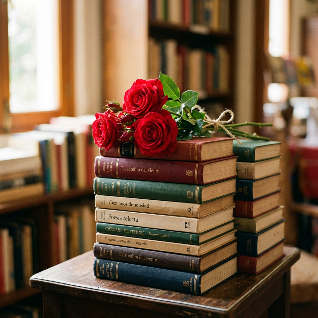 Two stacks of hardcover books with red roses on top in a library