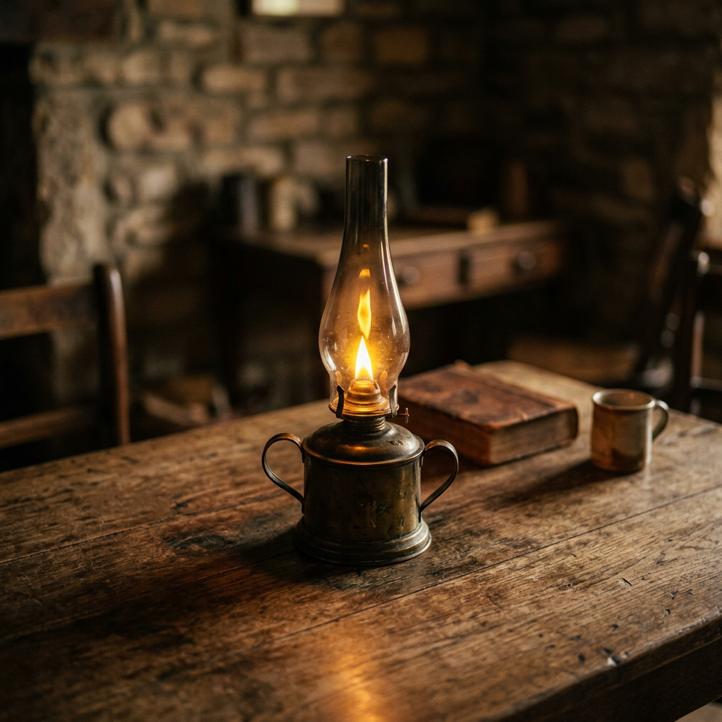 Oil lamp with flame on old wooden table next to book and cup