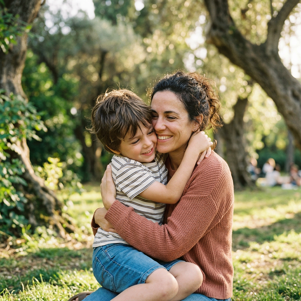 Mother embracing her smiling young son in a green park