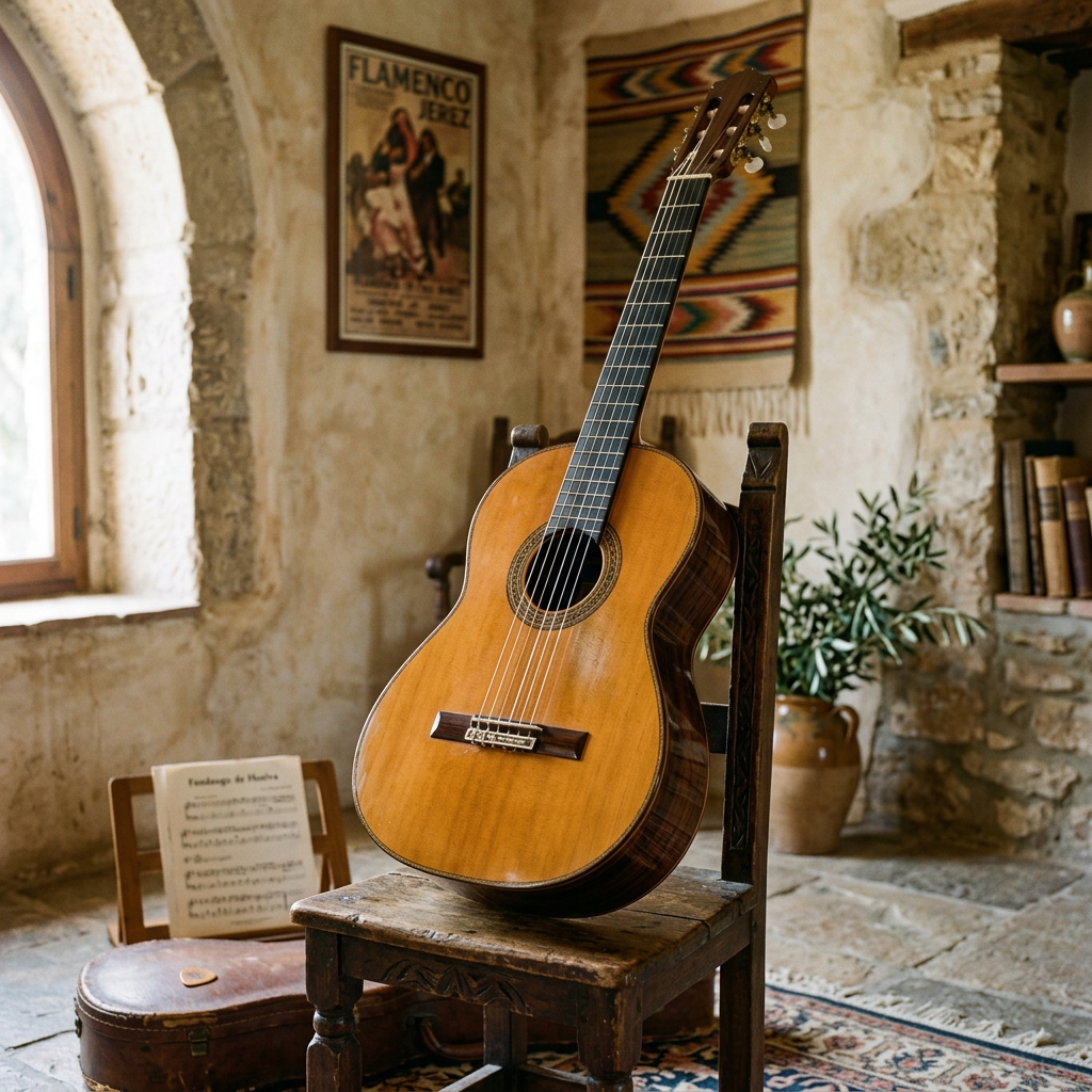 Classical guitar standing on an old wooden chair in a rustic stone room
