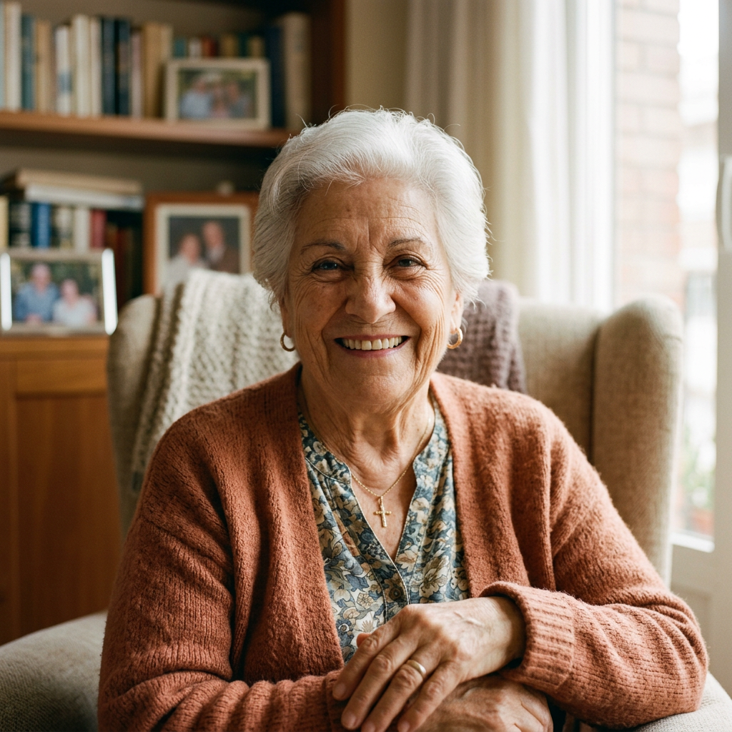 Elderly woman wearing a rust-colored cardigan and floral blouse smiling while sitting in an armchair
