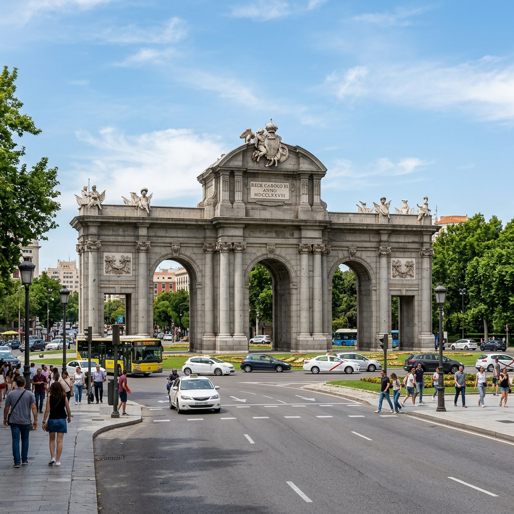 Puerta de Alcalá monument in Madrid with people walking and vehicles passing by